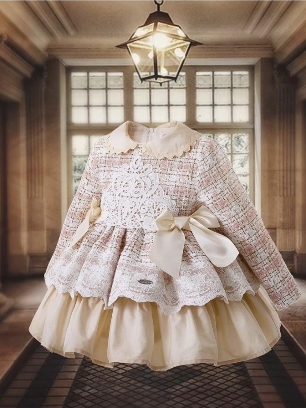 Pettigirl Autumn  Party pink plaid tweed ruffle dressscalloped Peter Pan collar